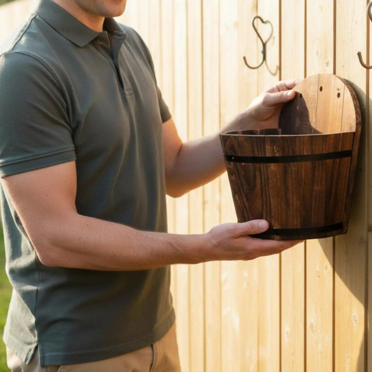 Rustic Wooden Half-Barrel Wall Planter, Carbonized Fir Wood Hanging Flower Pot for Balcony, Fence and Indoor Gardens - product view 5