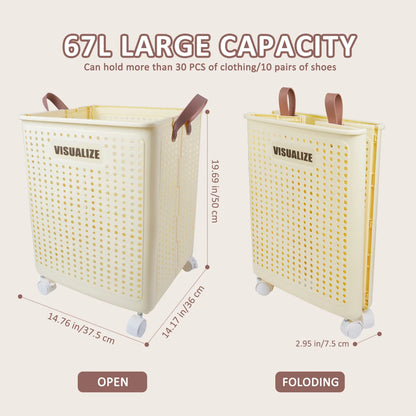 Collapsible Clothes Hamper, 67L Ventilated Plastic Laundry Basket with Wheels and Handles for Bathroom, Bedroom and Closet - product view 3