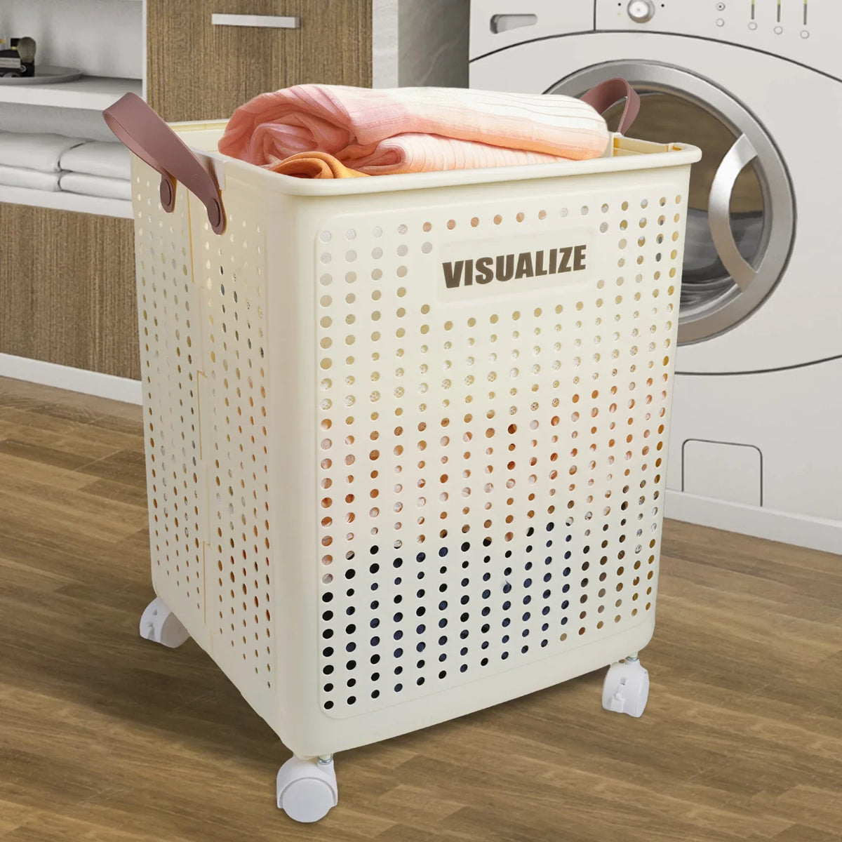 Collapsible Clothes Hamper, 67L Ventilated Plastic Laundry Basket with Wheels and Handles for Bathroom, Bedroom and Closet - product view 4