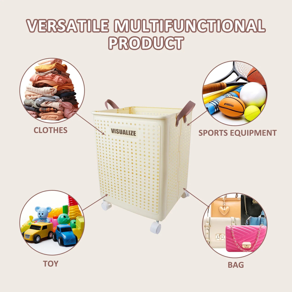 Collapsible Clothes Hamper, 67L Ventilated Plastic Laundry Basket with Wheels and Handles for Bathroom, Bedroom and Closet - product view 5