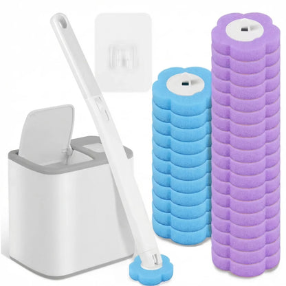 Wall-Hanging Plastic Toilet Brush, Long Handle, Disposable Brush Options in 30, 36 or 72 Pieces, Grey, White, Blue, Purple or Yellow - product view 1