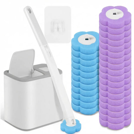 Wall-Hanging Plastic Toilet Brush, Long Handle, Disposable Brush Options in 30, 36 or 72 Pieces, Grey, White, Blue, Purple or Yellow - product view 1