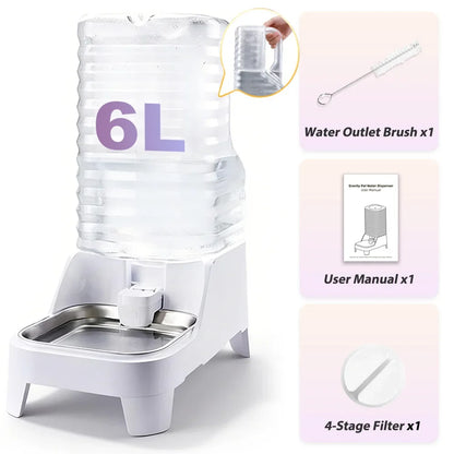 6L Gravity-Fed Dog Water Bowl, Elevated Automatic Dispenser, Stainless Steel Tray, No Electricity, Transparent Reservoir for Cats and Dogs - product view 1