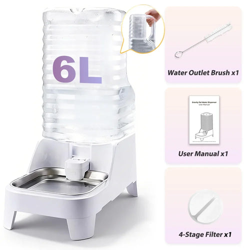 6L Gravity-Fed Dog Water Bowl, Elevated Automatic Dispenser, Stainless Steel Tray, No Electricity, Transparent Reservoir for Cats and Dogs - product view 1