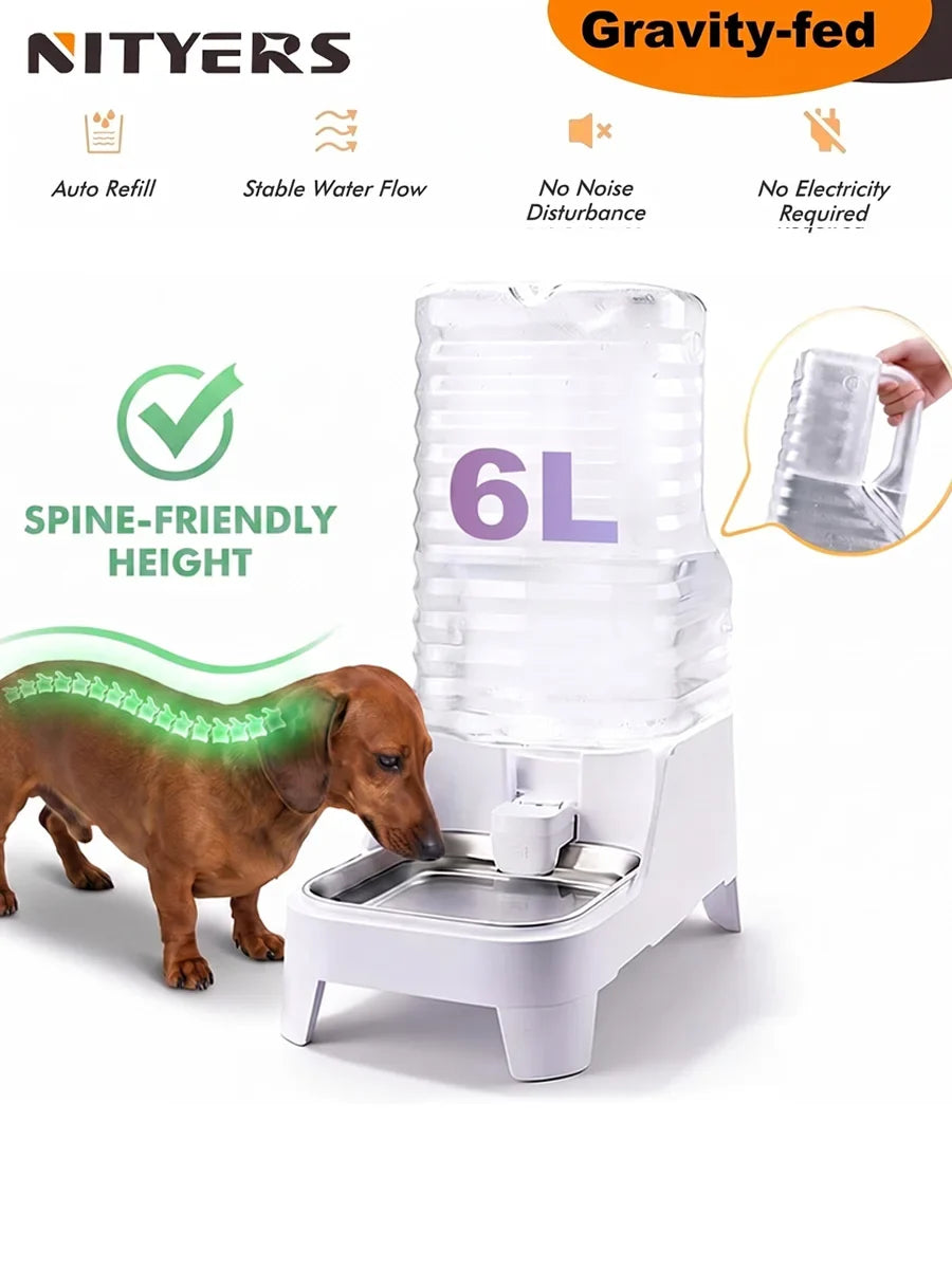6L Gravity-Fed Dog Water Bowl, Elevated Automatic Dispenser, Stainless Steel Tray, No Electricity, Transparent Reservoir for Cats and Dogs - product view 2