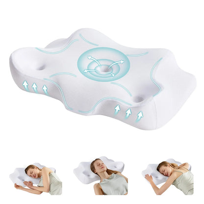 Ergonomic Memory Foam Neck Pillow, Concave Contour Bedding Pillow with Cooling Removable Pillowcase, White or Light Grey - product view 1