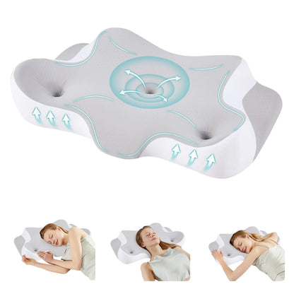 Ergonomic Memory Foam Neck Pillow, Concave Contour Bedding Pillow with Cooling Removable Pillowcase, White or Light Grey - product view 2