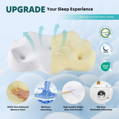 Ergonomic Memory Foam Neck Pillow, Concave Contour Bedding Pillow with Cooling Removable Pillowcase, White or Light Grey - product view 5