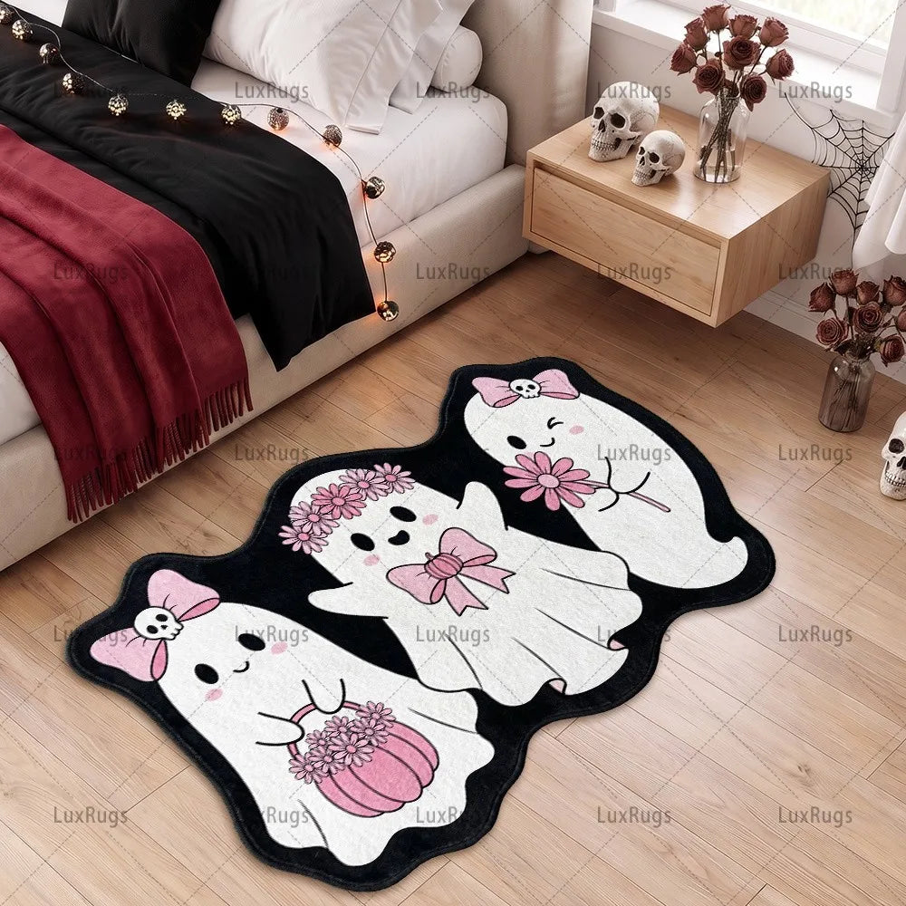 Cartoon Floral Ghost Runner Rug, Irregular Polyester Felt Mat with Rubber Backing for Entryways, Bedrooms and Indoor Floors - product view 1