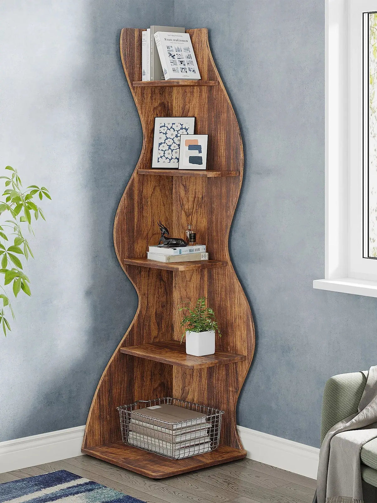 5-Tier Corner Bookcase, Rustic Brown Board Shelving Unit and Plant Stand, Adjustable Shelves, Assembly Required for Home or Office - product view 1