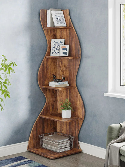 5-Tier Corner Bookcase, Rustic Brown Board Shelving Unit and Plant Stand, Adjustable Shelves, Assembly Required for Home or Office - product view 1