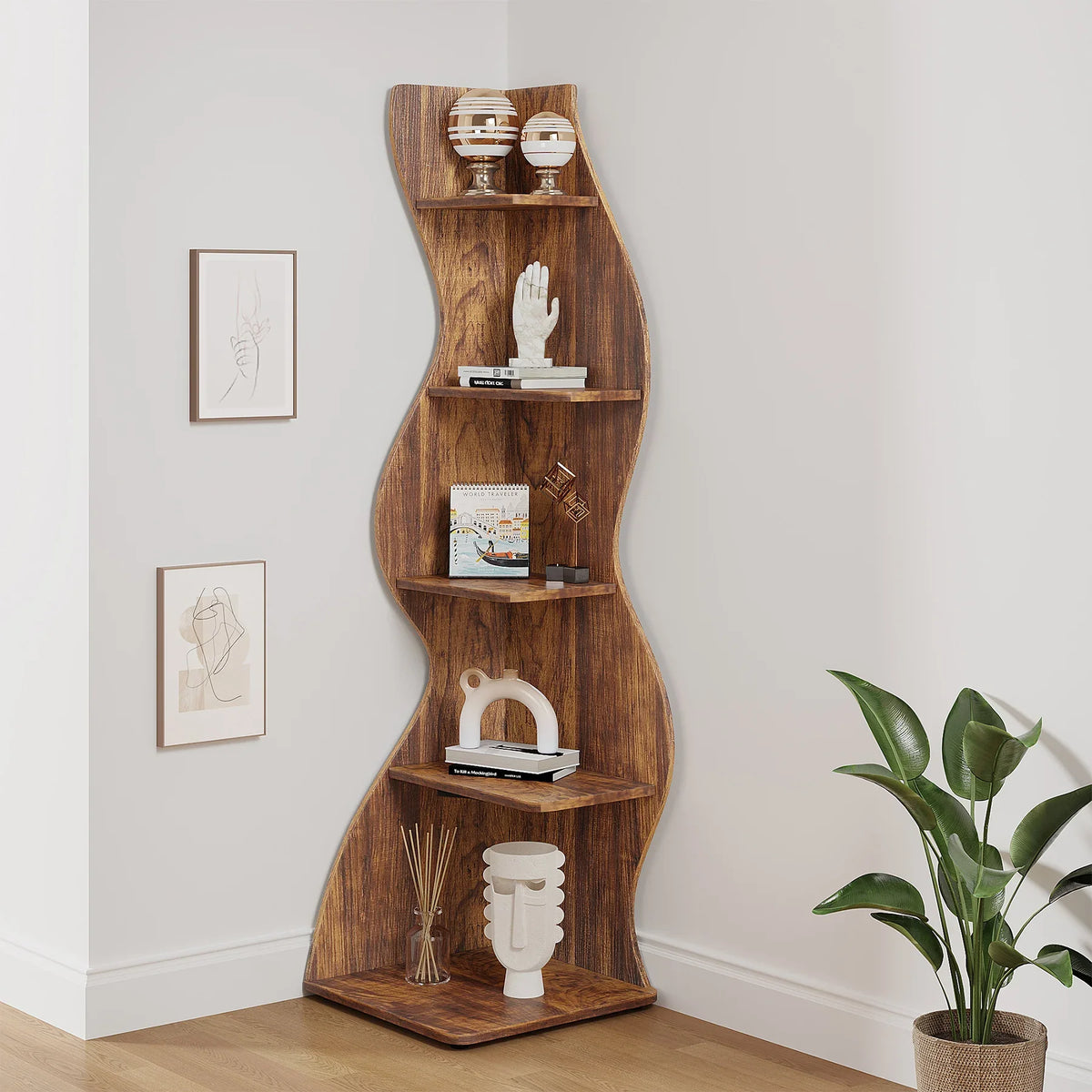 5-Tier Corner Bookcase, Rustic Brown Board Shelving Unit and Plant Stand, Adjustable Shelves, Assembly Required for Home or Office - product view 2