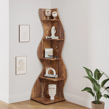 5-Tier Corner Bookcase, Rustic Brown Board Shelving Unit and Plant Stand, Adjustable Shelves, Assembly Required for Home or Office - product view 2