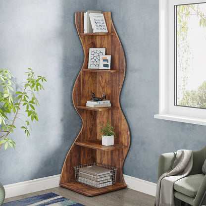 5-Tier Corner Bookcase, Rustic Brown Board Shelving Unit and Plant Stand, Adjustable Shelves, Assembly Required for Home or Office - product view 3