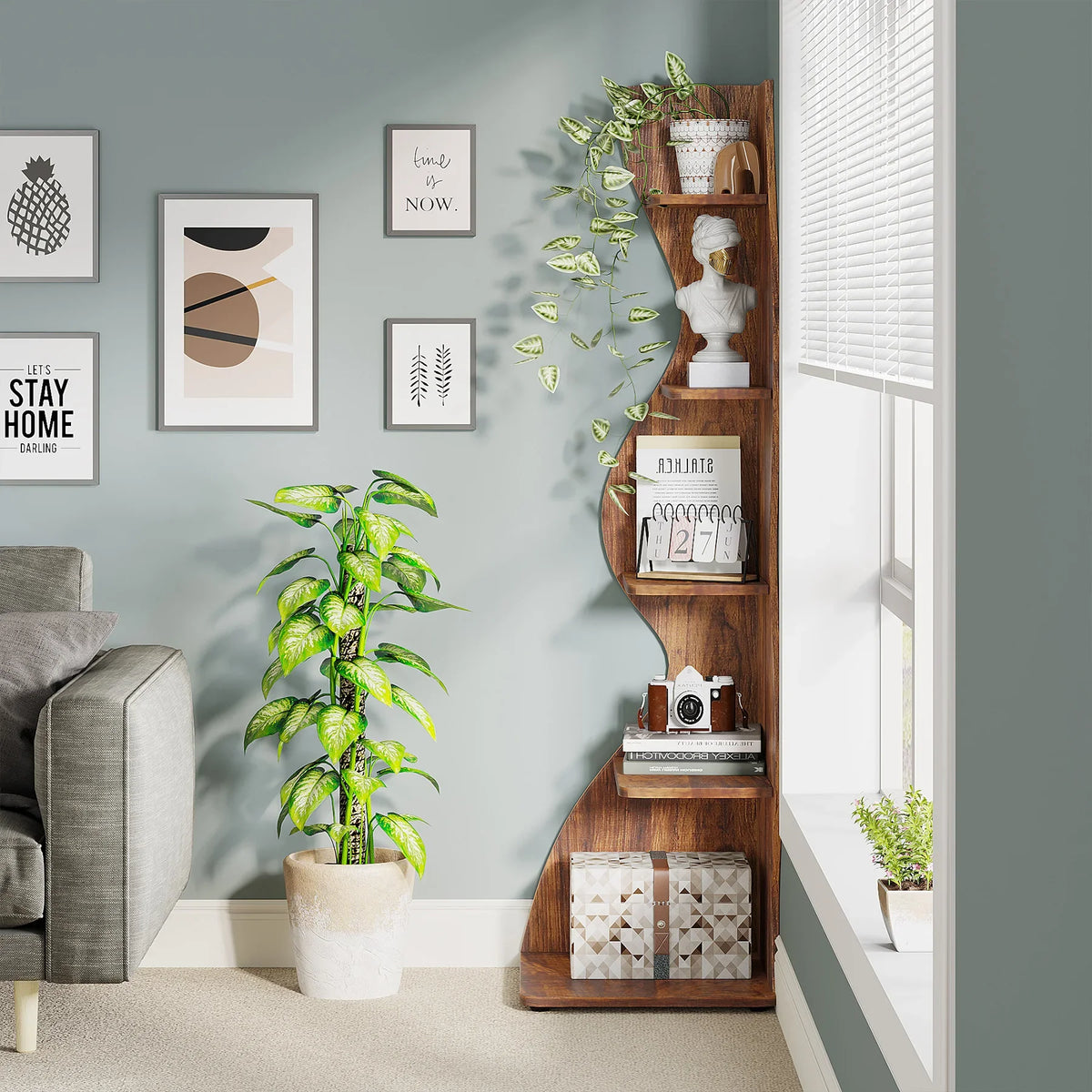 5-Tier Corner Bookcase, Rustic Brown Board Shelving Unit and Plant Stand, Adjustable Shelves, Assembly Required for Home or Office - product view 4