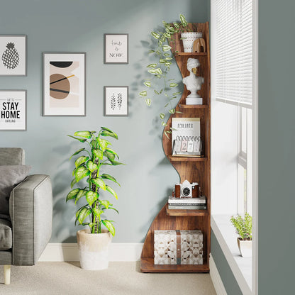 5-Tier Corner Bookcase, Rustic Brown Board Shelving Unit and Plant Stand, Adjustable Shelves, Assembly Required for Home or Office - product view 4