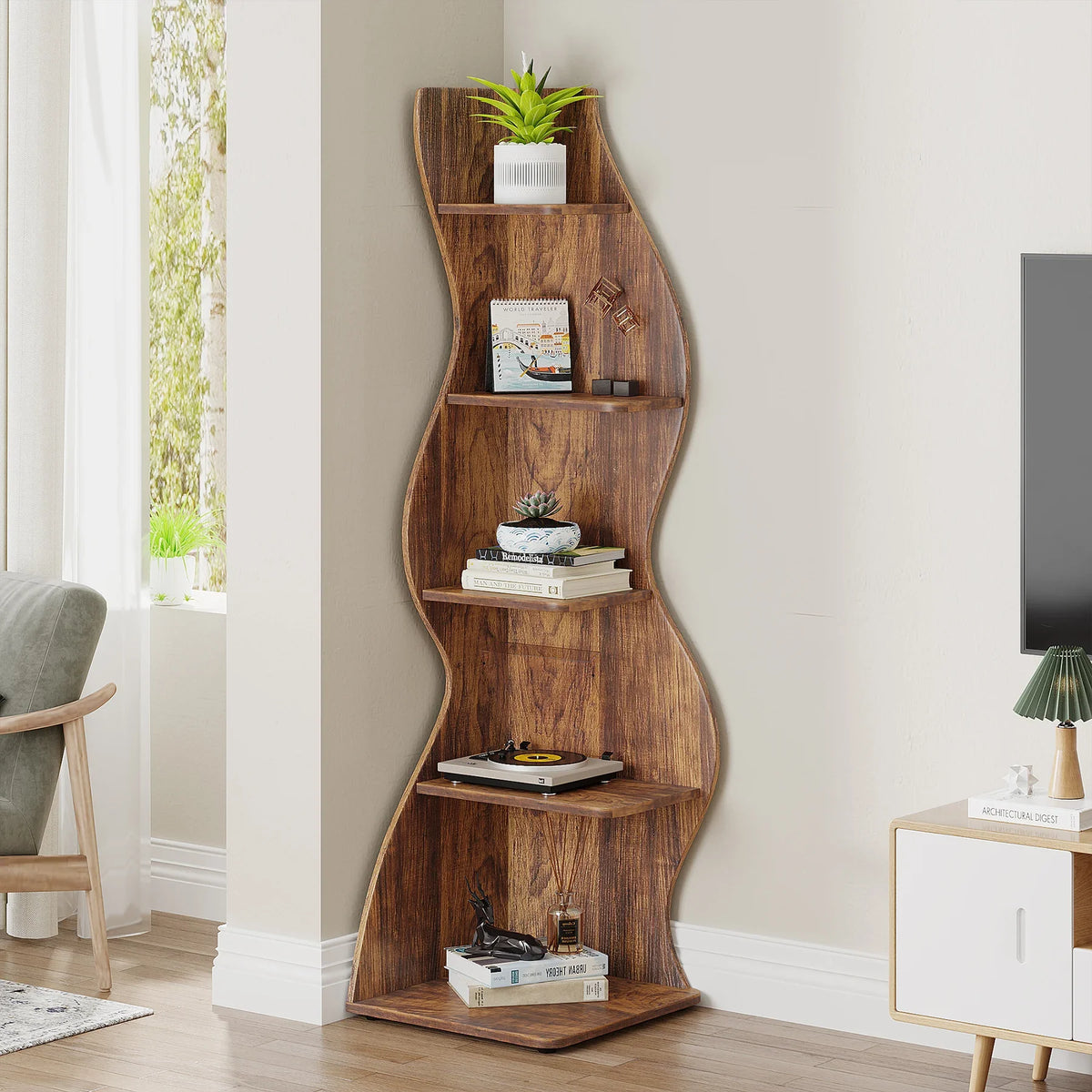 5-Tier Corner Bookcase, Rustic Brown Board Shelving Unit and Plant Stand, Adjustable Shelves, Assembly Required for Home or Office - product view 5