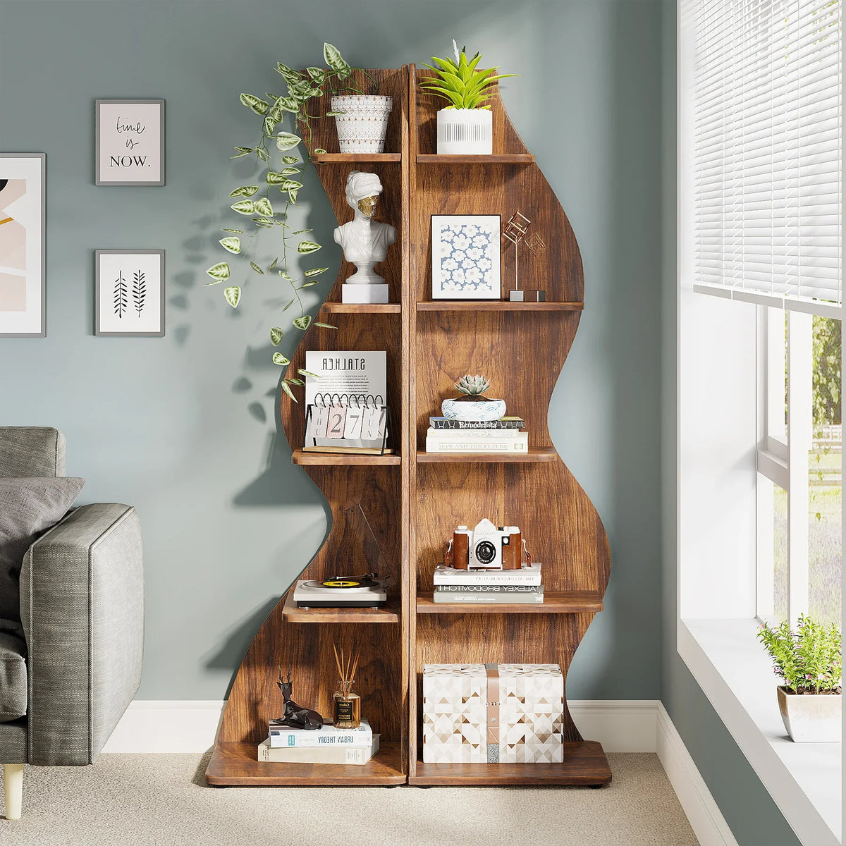 5-Tier Corner Bookcase, Rustic Brown Board Shelving Unit and Plant Stand, Adjustable Shelves, Assembly Required for Home or Office - product view 6