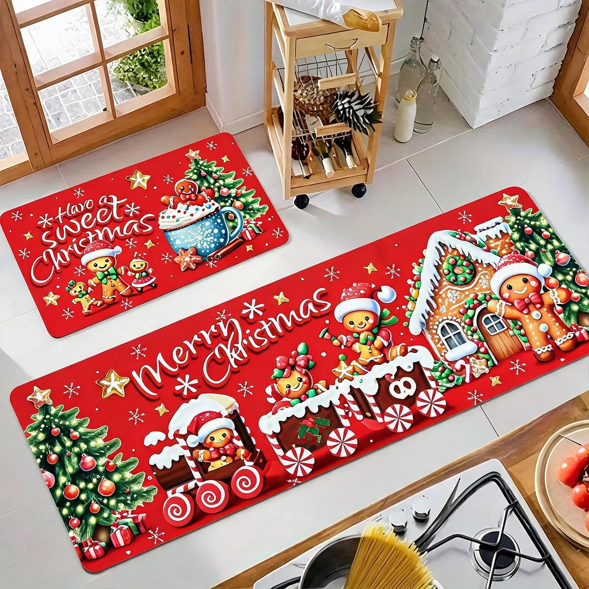 Christmas Kitchen Runner Rug, Geometric 100% Polyester Plush Floor Mat with PVC Backing, Machine Made in Multiple Sizes - product view 1