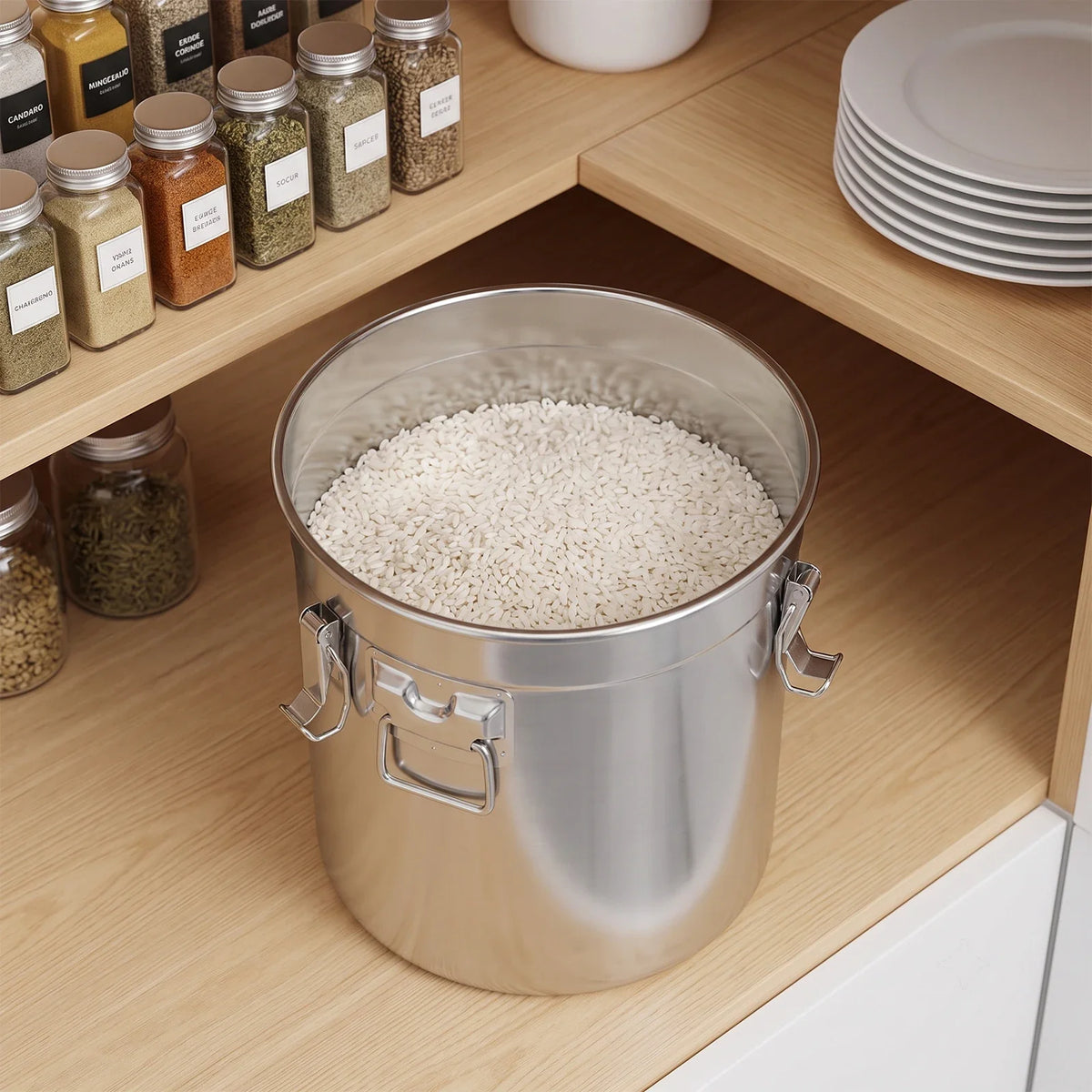 Airtight Cereal Container, 33L Stainless Steel Grain Storage Canister with Silicone Seal, Locking Lid and Handles - product view 1