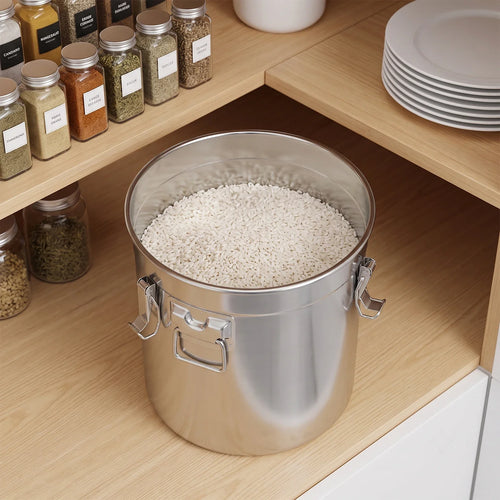 Airtight Cereal Container, 33L Stainless Steel Grain Storage Canister with Silicone Seal, Locking Lid and Handles - product view 1