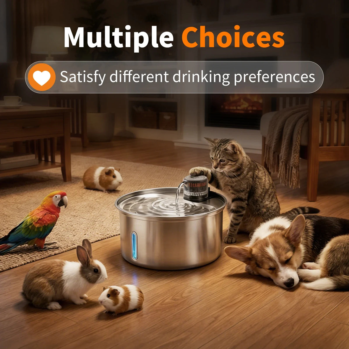 3200ml Stainless Steel Pet Water Fountain with Filter, Automatic Flow, Portable Design, 110V US Plug - product view 3
