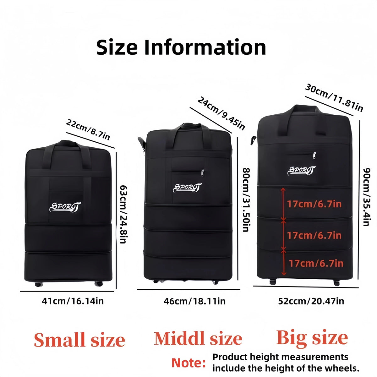Expandable Rolling Duffel Bag, Wheeled Soft Travel Bag with Sturdy Handle, Casual Solid Design in Small, Medium and Large - product view 5
