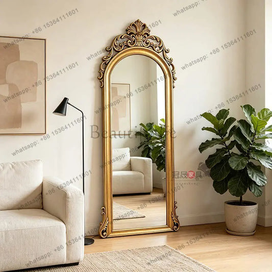 Arched Full-Length Mirror, Wood Frame, European Border Style, Assembly Required, 60×160 to 80×180 cm - product view 1