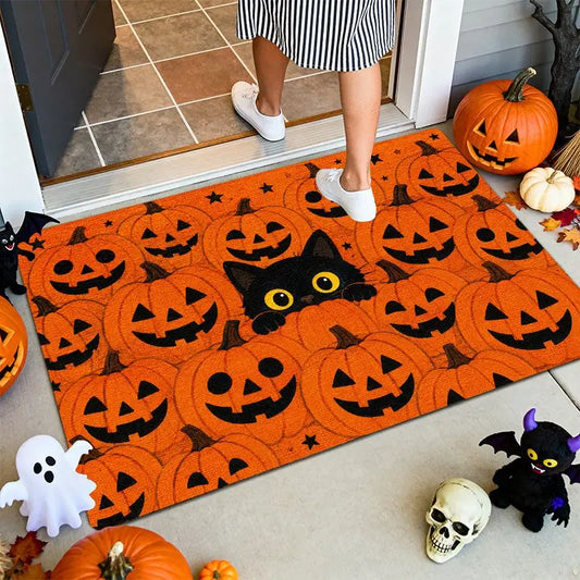 Peeking Black Cat Pumpkin Halloween Doormat, Printed Anti-Slip Fade-Resistant Polyester Mat for Indoor Outdoor Doors - product view 1