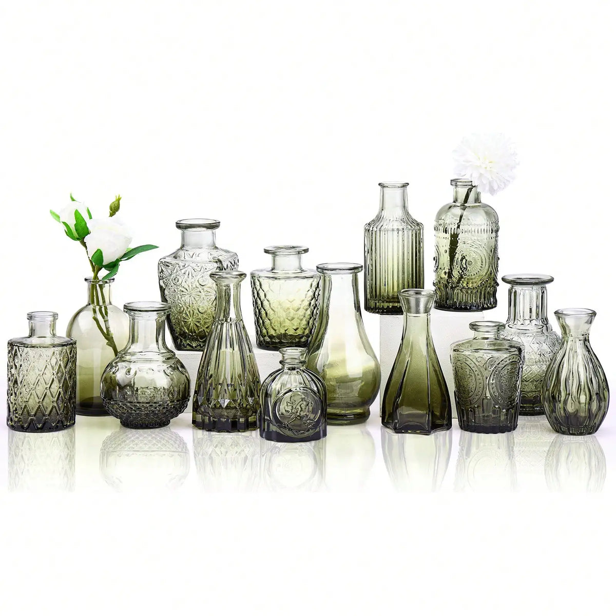 14-Piece Glass Vase Set, Small Gradient Green Relief Flower Bottles for Wedding Centerpieces, Dining Tables and Party Décor - product view 1