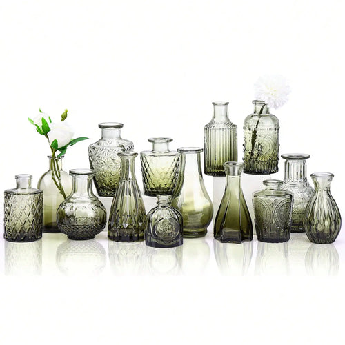 14-Piece Glass Vase Set, Small Gradient Green Relief Flower Bottles for Wedding Centerpieces, Dining Tables and Party Décor - product view 1