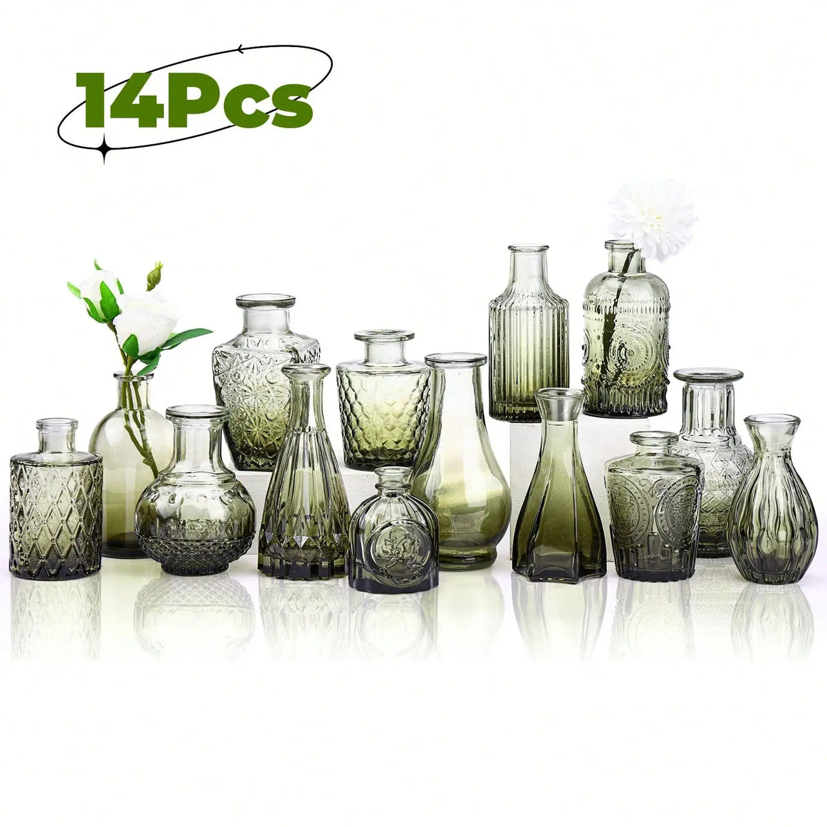 14-Piece Glass Vase Set, Small Gradient Green Relief Flower Bottles for Wedding Centerpieces, Dining Tables and Party Décor - product view 2