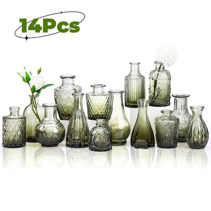 14-Piece Glass Vase Set, Small Gradient Green Relief Flower Bottles for Wedding Centerpieces, Dining Tables and Party Décor - product view 2