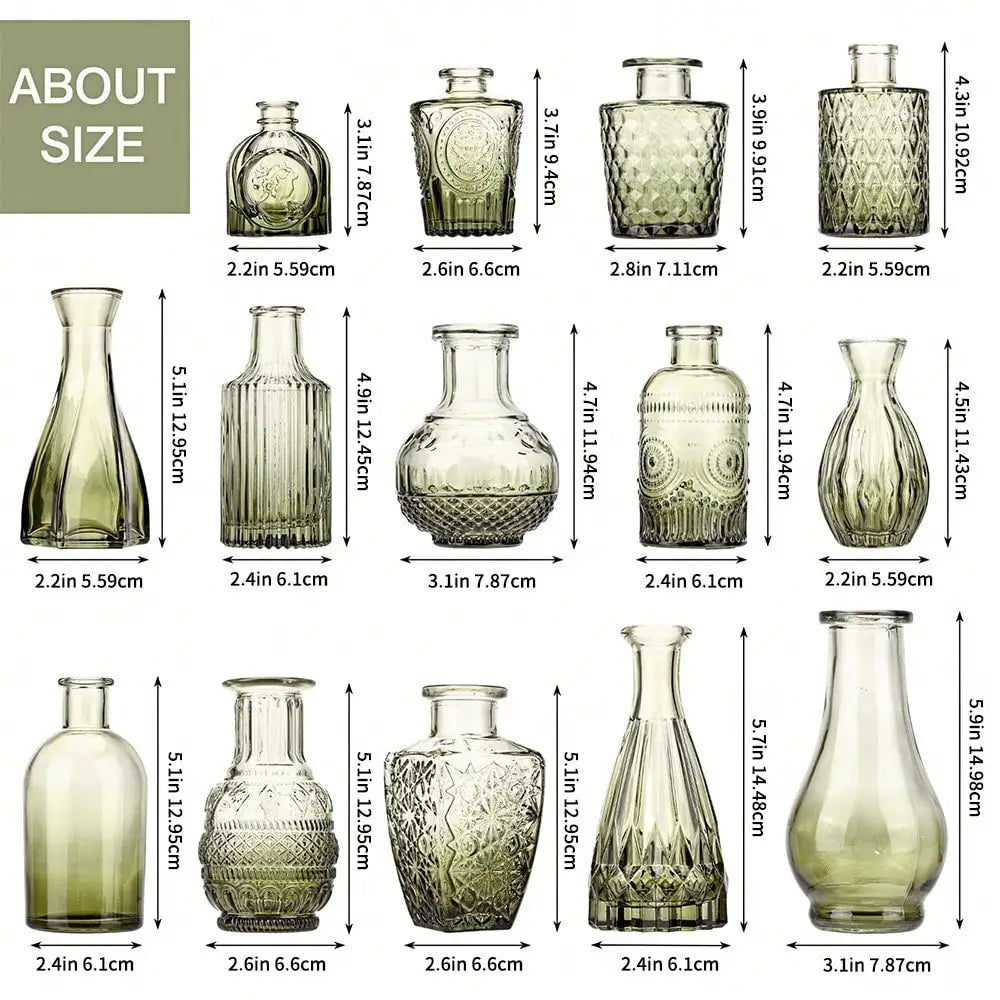 14-Piece Glass Vase Set, Small Gradient Green Relief Flower Bottles for Wedding Centerpieces, Dining Tables and Party Décor - product view 3