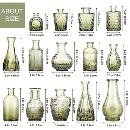 14-Piece Glass Vase Set, Small Gradient Green Relief Flower Bottles for Wedding Centerpieces, Dining Tables and Party Décor - product view 3