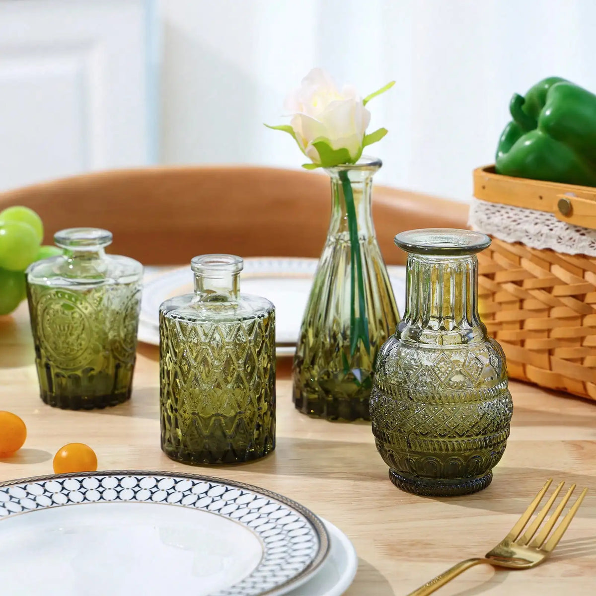 14-Piece Glass Vase Set, Small Gradient Green Relief Flower Bottles for Wedding Centerpieces, Dining Tables and Party Décor - product view 4