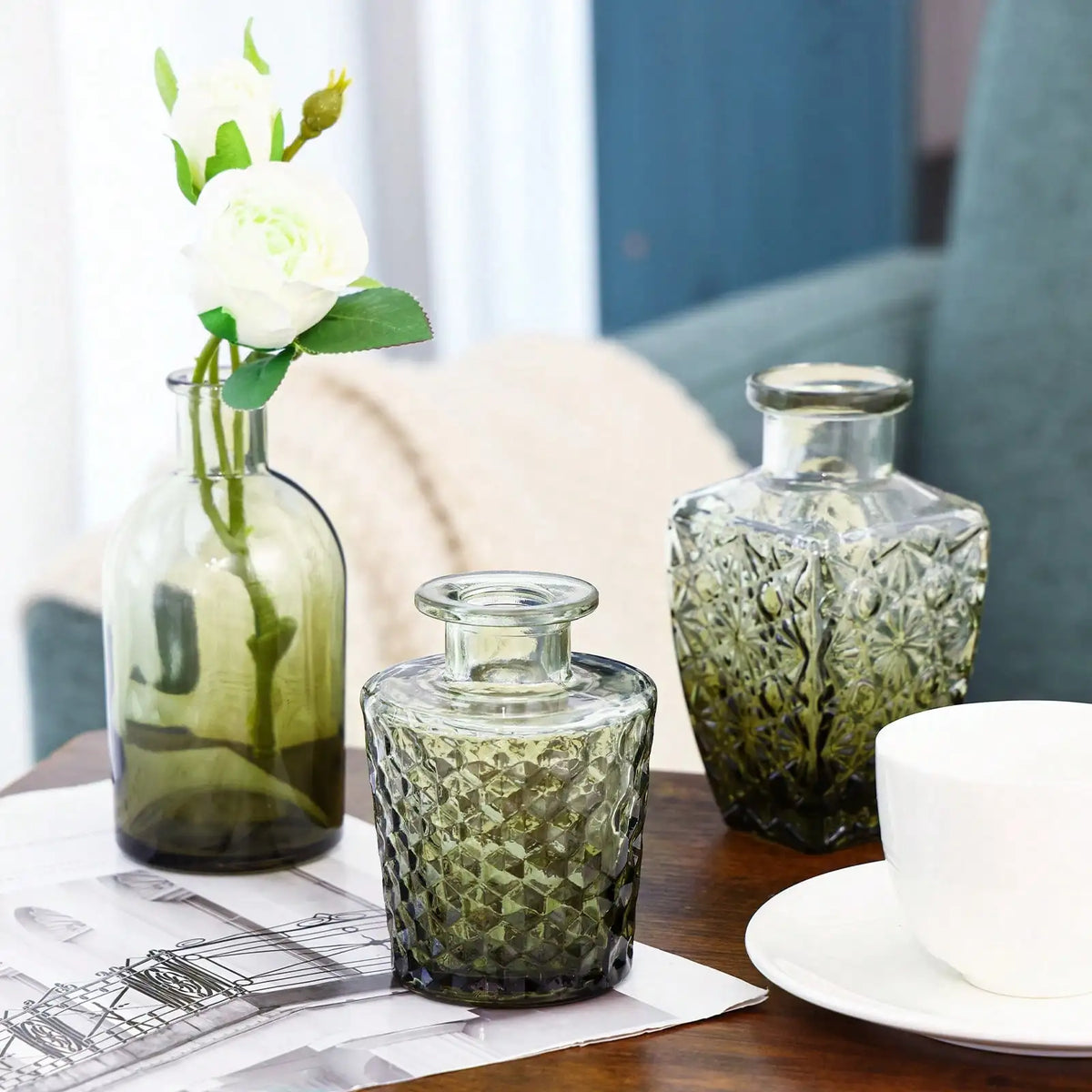 14-Piece Glass Vase Set, Small Gradient Green Relief Flower Bottles for Wedding Centerpieces, Dining Tables and Party Décor - product view 6