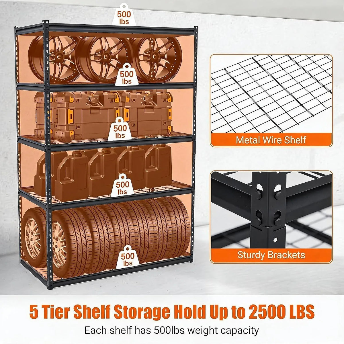 5-Tier Adjustable Steel Shelving Unit, 2500 lb Capacity, 48 x 24 x 71 in, Boltless Garage, Pantry and Workshop Rack - product view 4