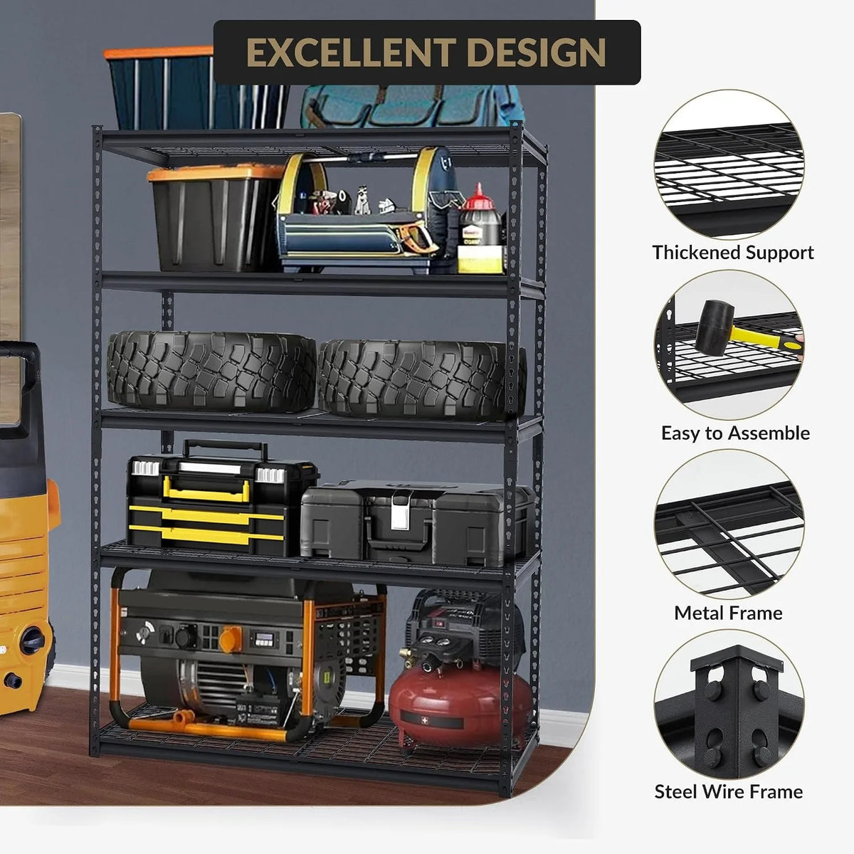 5-Tier Adjustable Steel Shelving Unit, 2500 lb Capacity, 48 x 24 x 71 in, Boltless Garage, Pantry and Workshop Rack - product view 6