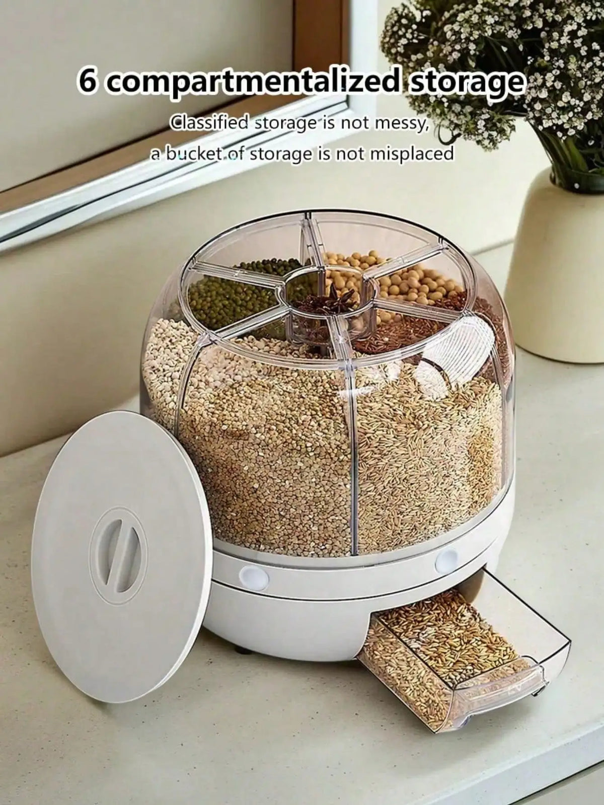6-Grid Rotating Rice Dispenser, 360° One-Click Grain Storage Container, White One-Size Kitchen Food Organizer - product view 4