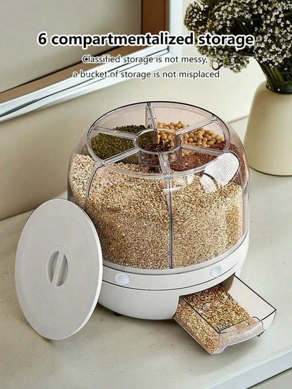 6-Grid Rotating Rice Dispenser, 360° One-Click Grain Storage Container, White One-Size Kitchen Food Organizer - product view 4