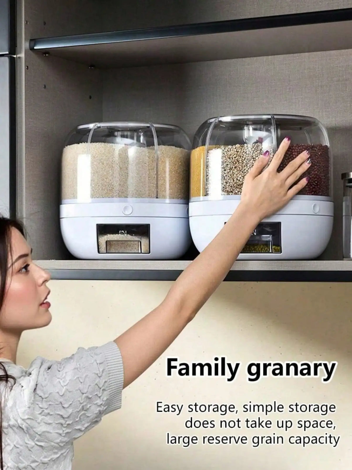 6-Grid Rotating Rice Dispenser, 360° One-Click Grain Storage Container, White One-Size Kitchen Food Organizer - product view 5