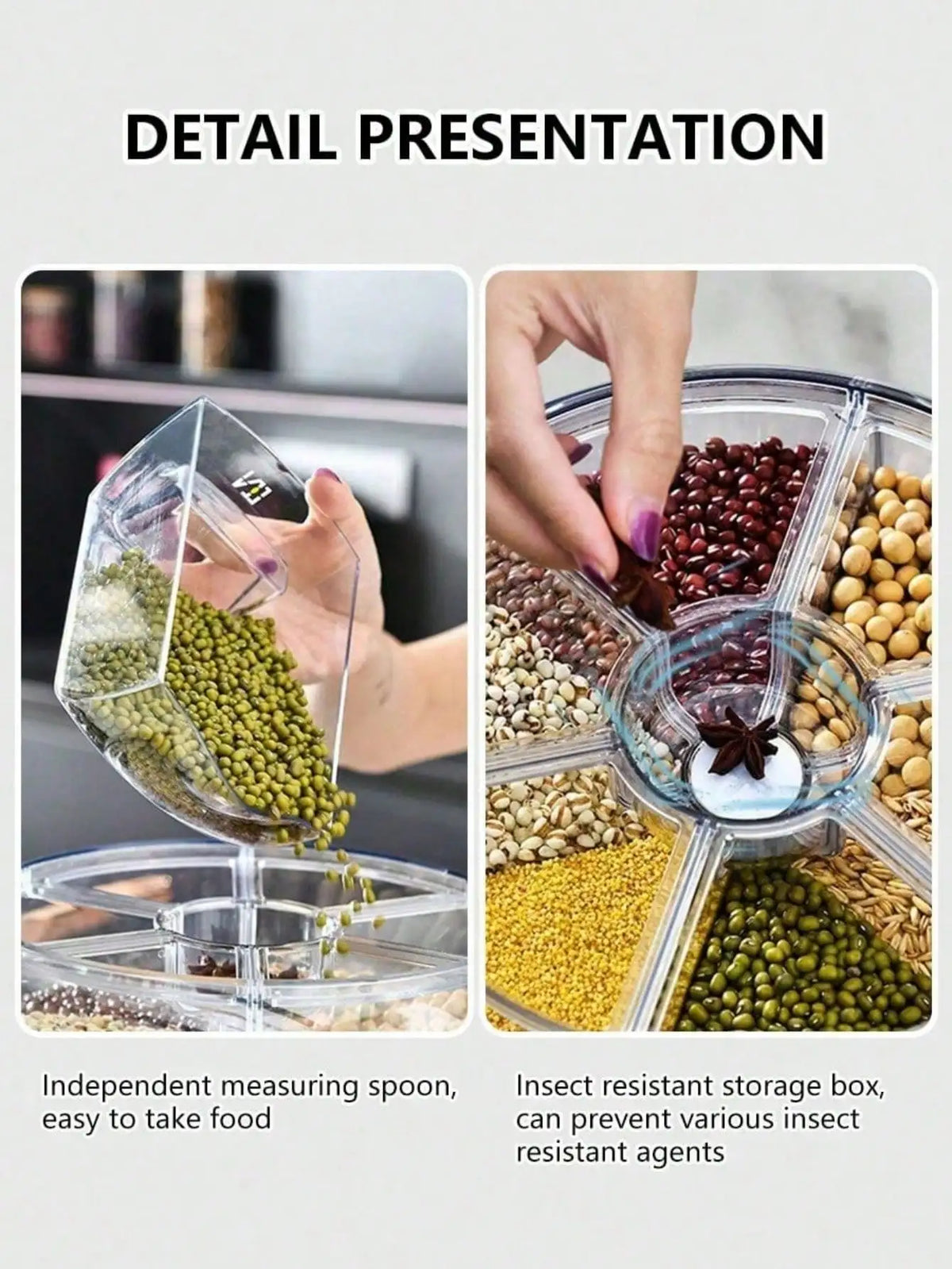6-Grid Rotating Rice Dispenser, 360° One-Click Grain Storage Container, White One-Size Kitchen Food Organizer - product view 6