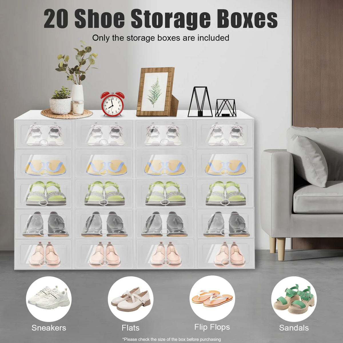 20-Pack Stackable Shoe Storage Boxes, Foldable Transparent PP Organizers with Ventilation, White Space-Saving Closet Containers - product view 3
