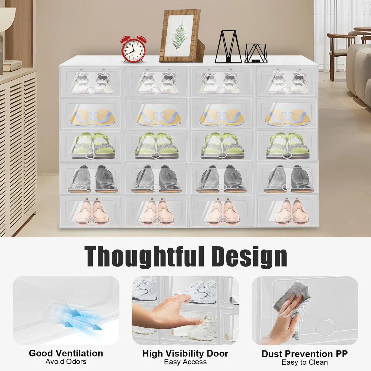 20-Pack Stackable Shoe Storage Boxes, Foldable Transparent PP Organizers with Ventilation, White Space-Saving Closet Containers - product view 5