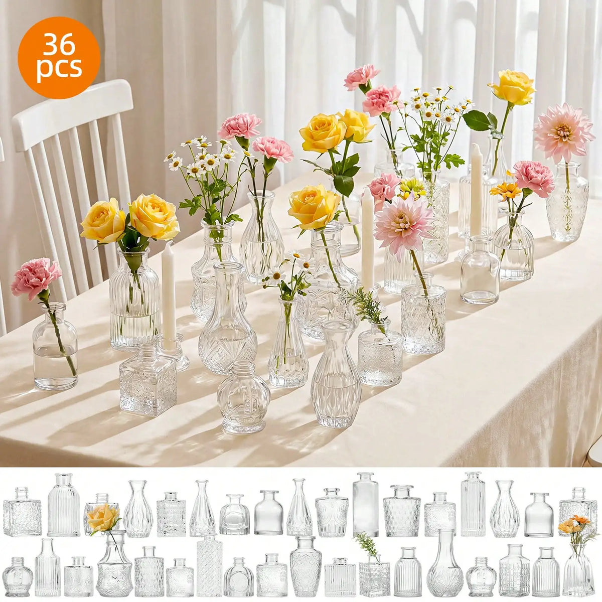Glass Bud Vase Set, Clear or Amber Mini Flower Vases in 18-Piece and 36-Piece Options for Centerpieces and Table Decor - product view 2