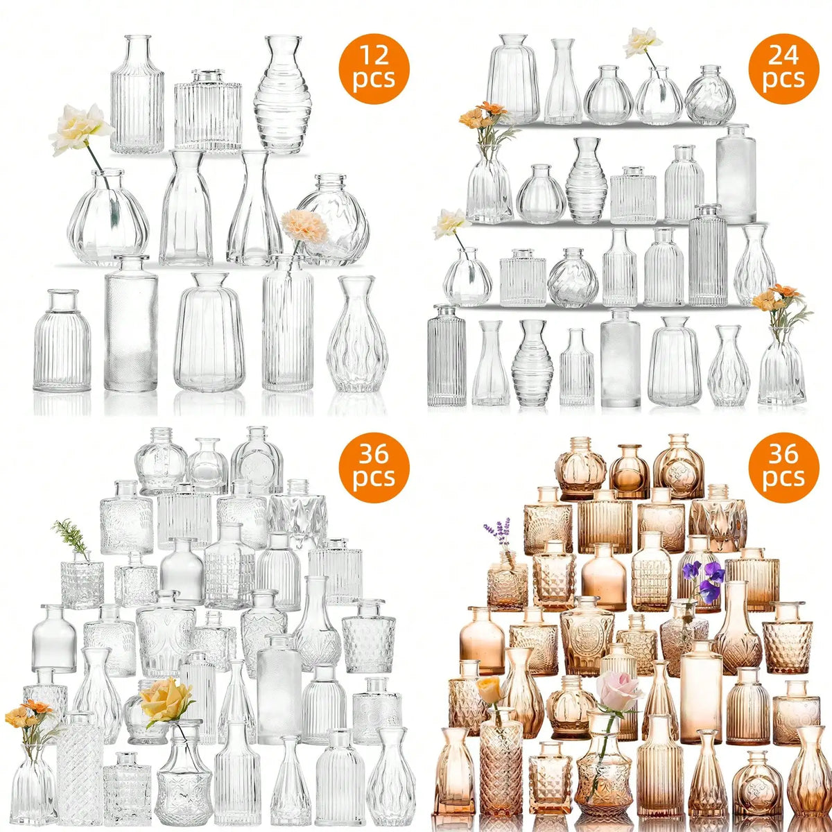 Glass Bud Vase Set, Clear or Amber Mini Flower Vases in 18-Piece and 36-Piece Options for Centerpieces and Table Decor - product view 4
