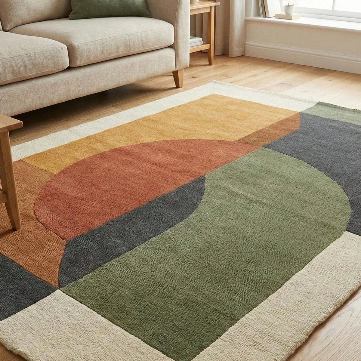 Colorful Boho Polyester Area Rug, Striped Geometric Green Rust Mustard Gray Design, Plush Non-Woven Textile, 5 Sizes - product view 1