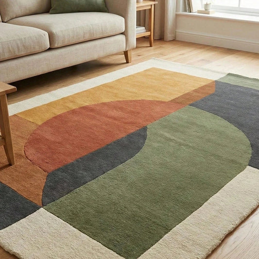 Colorful Boho Polyester Area Rug, Striped Geometric Green Rust Mustard Gray Design, Plush Non-Woven Textile, 5 Sizes - product view 1