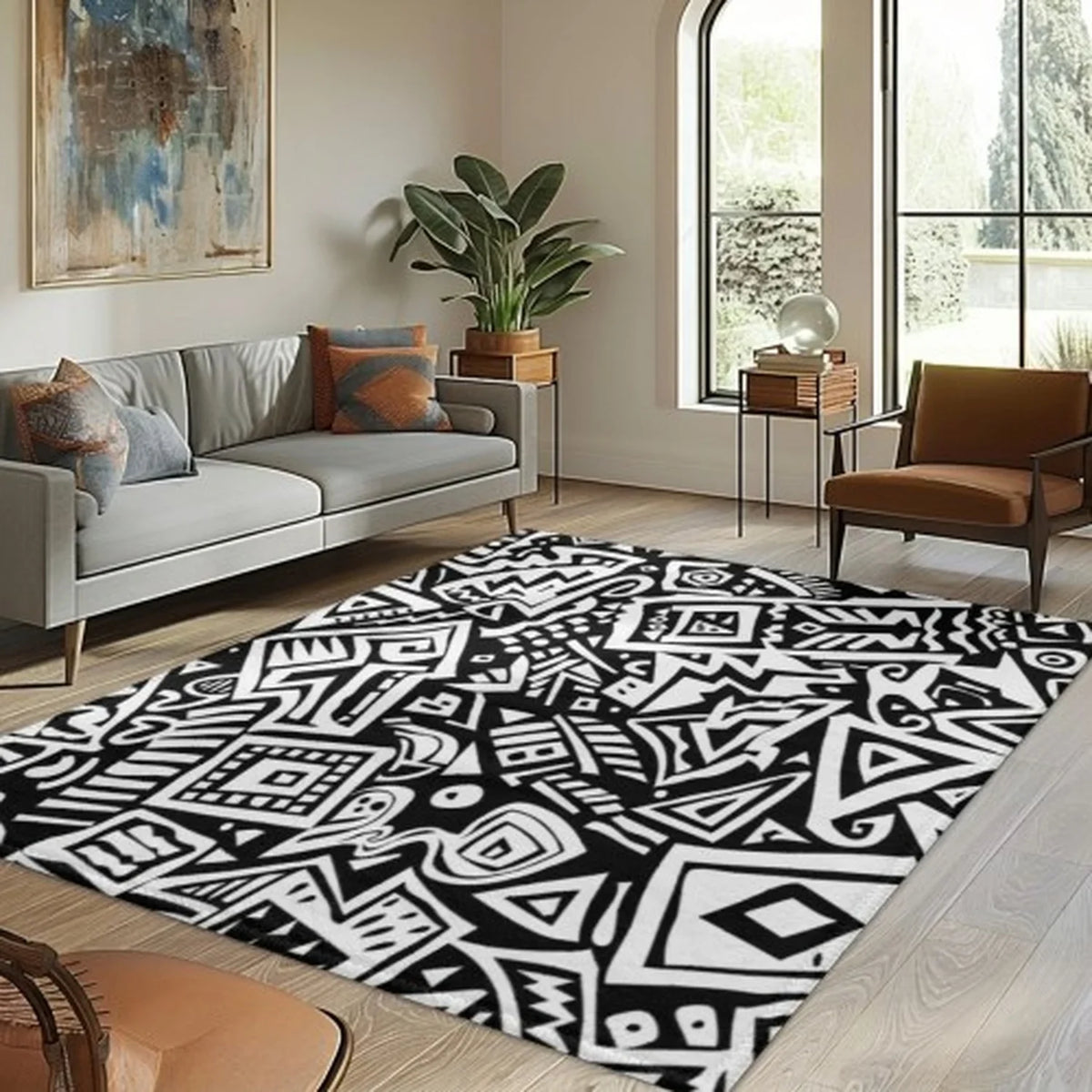 Colorful Boho Polyester Area Rug, Striped Geometric Green Rust Mustard Gray Design, Plush Non-Woven Textile, 5 Sizes - product view 2